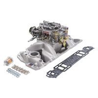 Edelbrock, Intake manifold, Carburetor, Thunder Series, AVS, carb gasket, Bolt Kit, Carb Studs, Throttle linkage, Fuel Line, Fuel, Gas, Induction kit,