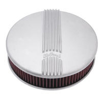 14" SATIN Finned Air Cleaner Filter, with Drop Base. Classic Series Round Aluminium Cast for single 4 bbl. 3" High Filter. Edelbrock Logo