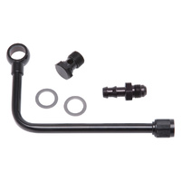 BLACK 3/8 fuel line inlet fuel log, fits Edelbrock carburetor, banjo style kit, steel, push on hose barbed end suits Performer series, 