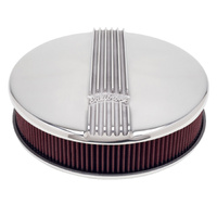 14" POLISHED Finned Air Cleaner Filter, with Drop Base. Classic Series Round Aluminium Cast for single 4 bbl. 3" High Filter. Edelbrock Logo