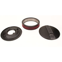 14" Black Finned Air Cleaner Filter, with Drop Base. Classic Series Round Aluminium Cast for single 4 bbl. 3" High Filter. Edelbrock Logo