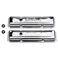 SBC 350 Edelbrock Signature logo, Steel Chrome Valve Cover, 1-1/4 PCV, Breather hole, Small Block Chevy