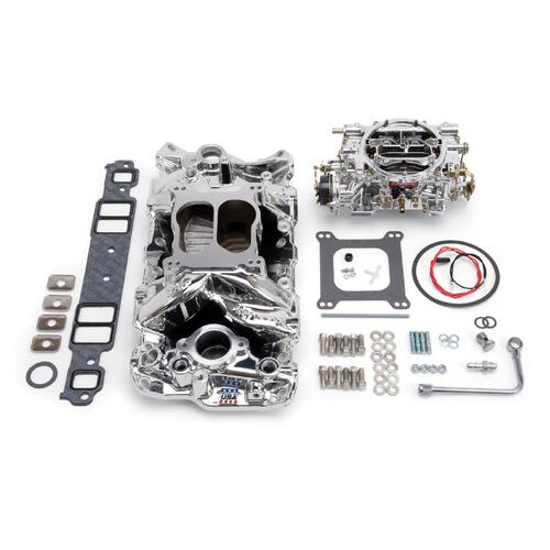 EnduraShine Finish Edelbrock, Intake manifold, Carburetor, Thunder Series, AVS, carb gasket, Bolt Kit, Carb Studs, Throttle linkage, Fuel Line, Fuel, 