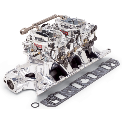 Edelbrock, Intake manifold, Carburetor, Thunder Series, AVS, carb gasket, Bolt Kit, Carb Studs, Throttle linkage, Fuel Line, Fuel, Gas, Induction kit,