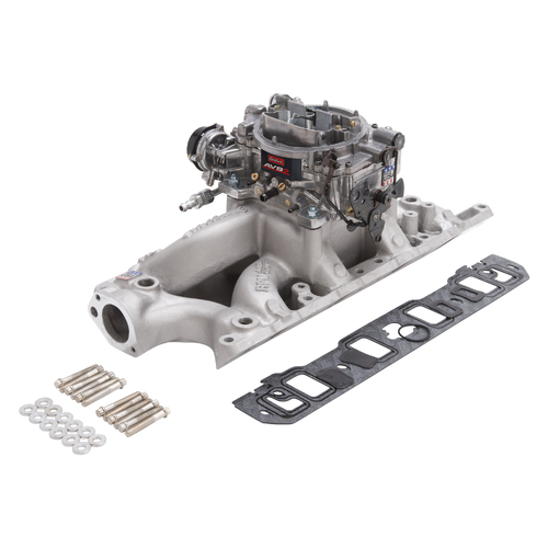 Edelbrock, Intake manifold, Carburetor, Thunder Series, AVS, carb gasket, Bolt Kit, Carb Studs, Throttle linkage, Fuel Line, Fuel, Gas, Induction kit,