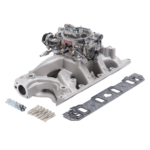 Edelbrock, Intake manifold, Carburetor, Thunder Series, AVS, carb gasket, Bolt Kit, Carb Studs, Throttle linkage, Fuel Line, Fuel, Gas, Induction kit,