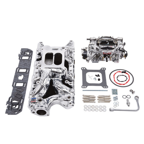 Edelbrock, Intake manifold, Carburetor, Thunder Series, AVS, carb gasket, Bolt Kit, Carb Studs, Throttle linkage, Fuel Line, Fuel, Gas, Induction kit,