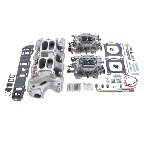 Edelbrock, Intake manifold, Carburetor, Thunder Series, AVS, carb gasket, Bolt Kit, Carb Studs, Throttle linkage, Fuel Line, Fuel, Gas, Induction kit,