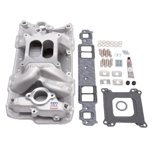 2042, Chevy, Chevrolet, SBC, Small Block Chevy, Edelbrock, Intake Manifold, Intake, Manifold, Dual-Plane, Single-Plane, RTV, Intake Bolts, carb studs