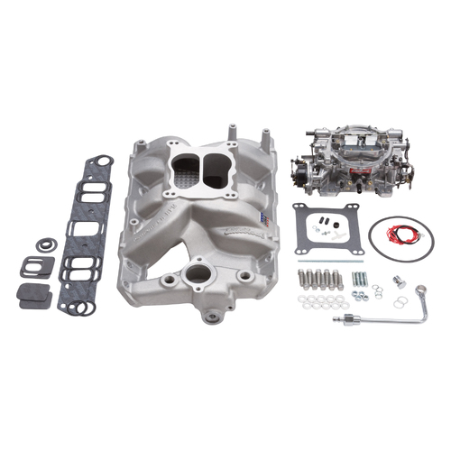 Edelbrock, Intake manifold, Carburetor, Thunder Series, AVS, carb gasket, Bolt Kit, Carb Studs, Throttle linkage, Fuel Line, Fuel, Gas, Induction kit,