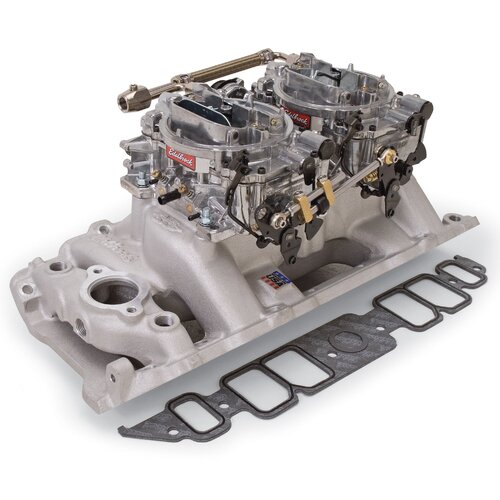 Edelbrock, Intake manifold, Carburetor, Thunder Series, AVS, carb gasket, Bolt Kit, Carb Studs, Throttle linkage, Fuel Line, Fuel, Gas, Induction kit,