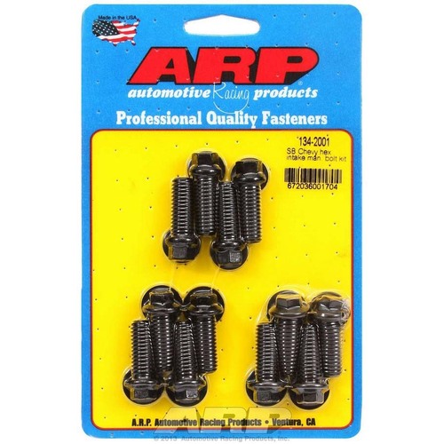 SBC Intake Manifold Bolts - Small Block Chevy 6 Point Hex, Washers Included, Chromoly, Black OEM, 327 350 400