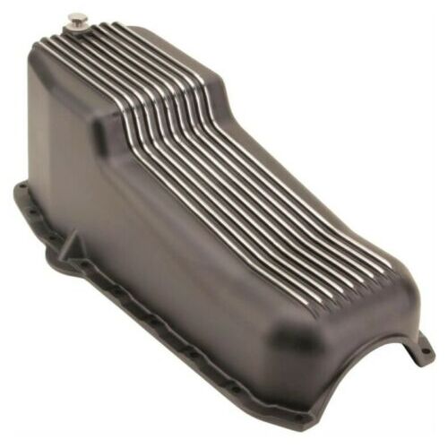 SBC CHEVY OIL SUMP PAN BLACK POLISHED FINS RIBBED LEFT HAND LH DIPSTICK 