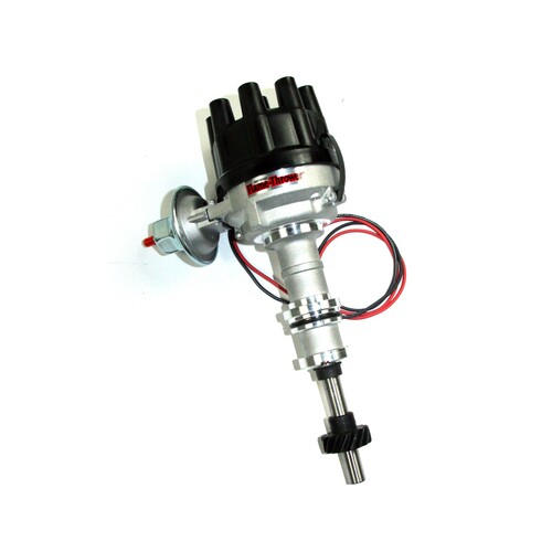 FORD 351C CLEVELAND Distributor Flame-Thrower Stock Look, Magnetic Pickup, Vacuum Advance, Socket Style, Black, Ford Cleveland / Modified