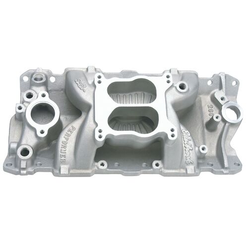 Chevy Intake Manifold Q-Jet / Spread bore Style, Dual-Plane, Performer, Satin