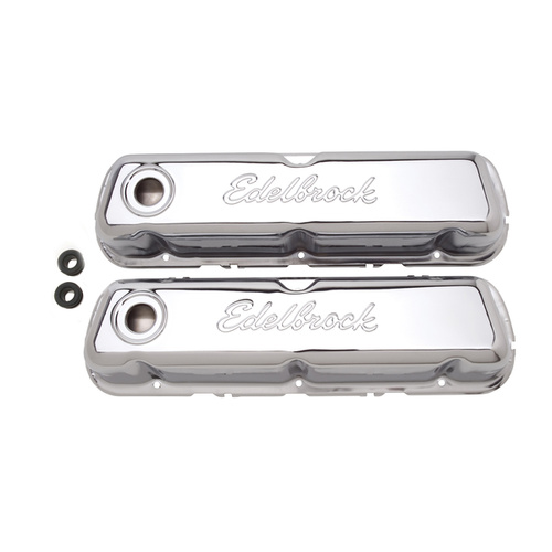 Ford 289, 302W 351W Windsor Valve Covers, Chrome Steel, Edelbock logo, 1-1/4" diameter hole, clears Aluminum roller rockers (Small Block Ford, SBF)