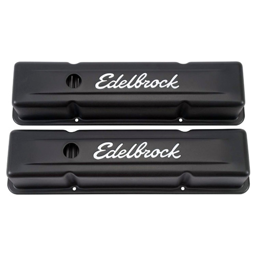 Edelbrock Chevy 350 Valve Rocker Covers, Black Steel Tall 1-1/4" PCV hole, Powdercoated SBC Small Block Chevy